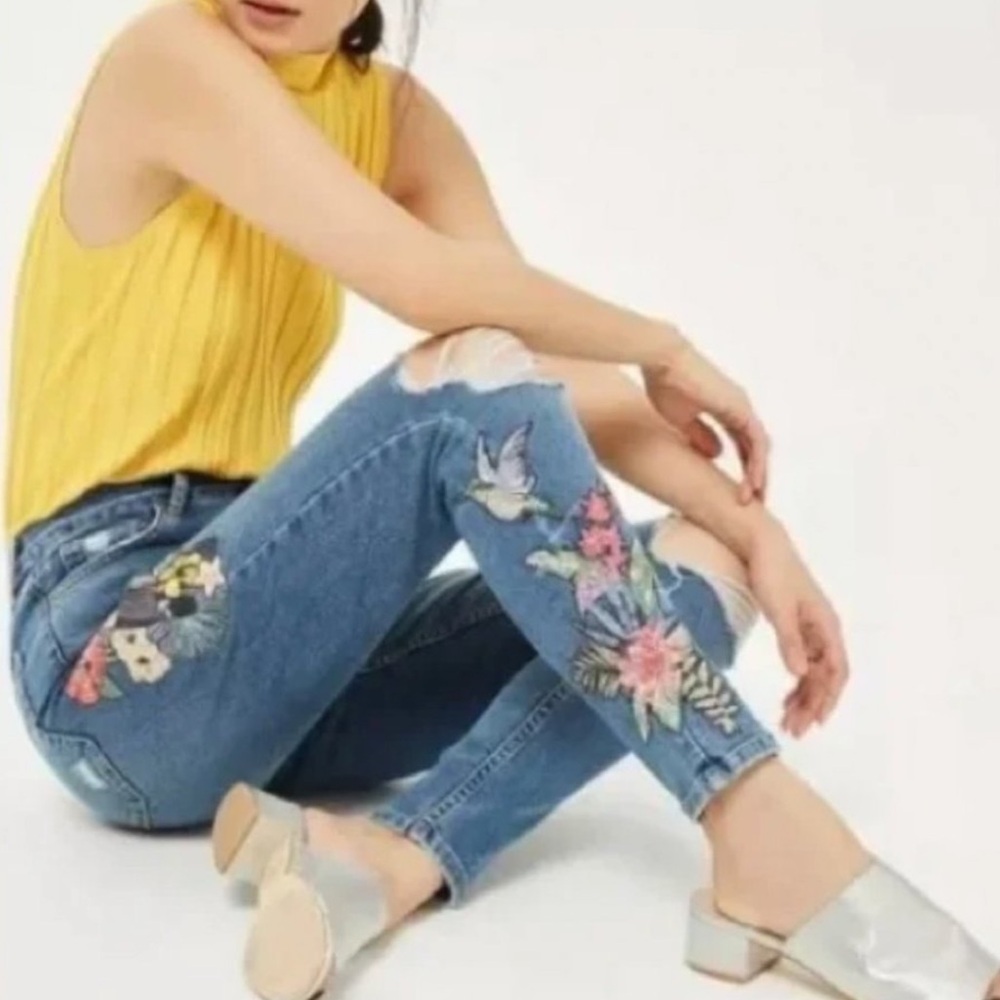 Top Shop TopShop Moto Jamie Tropical Embroidered Denim Jeans 28 W 30 L Vintage
